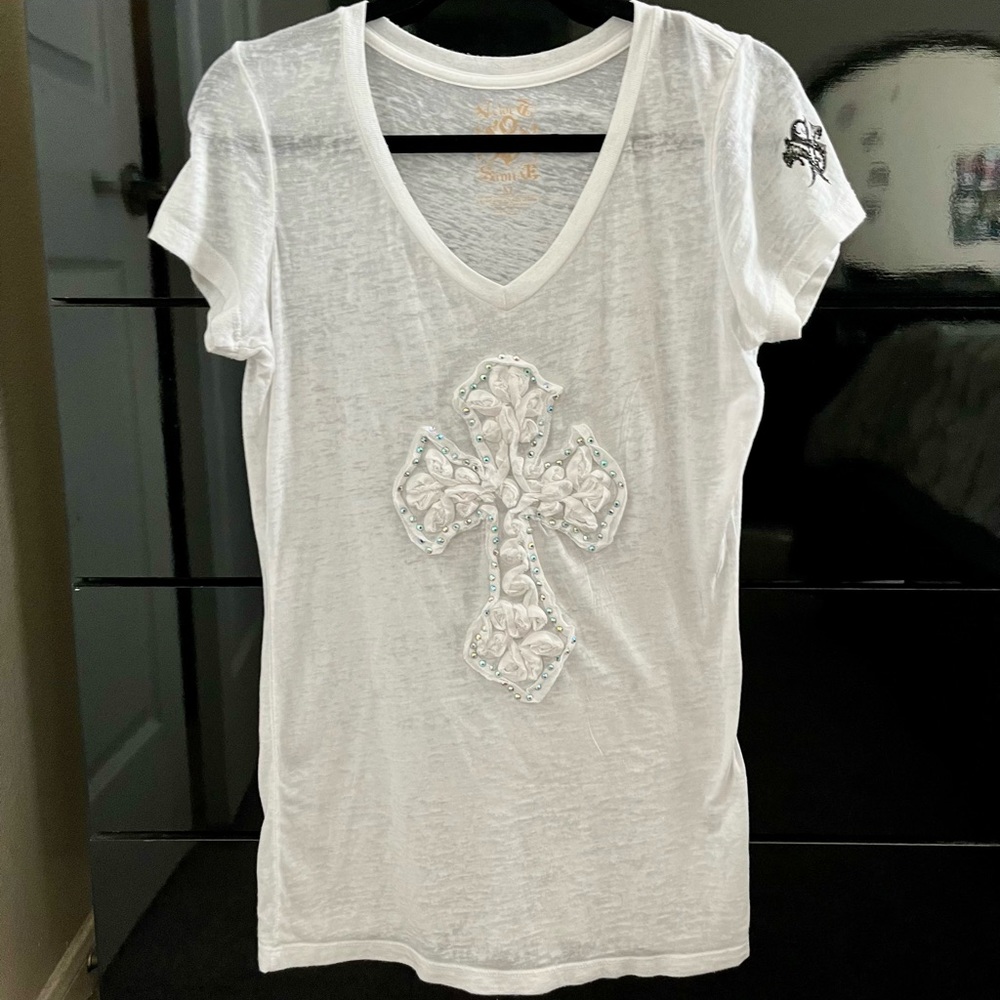 Buckle Tops | White Sheer Rhinestone Studded Maltese Cross Detail T-Shirt